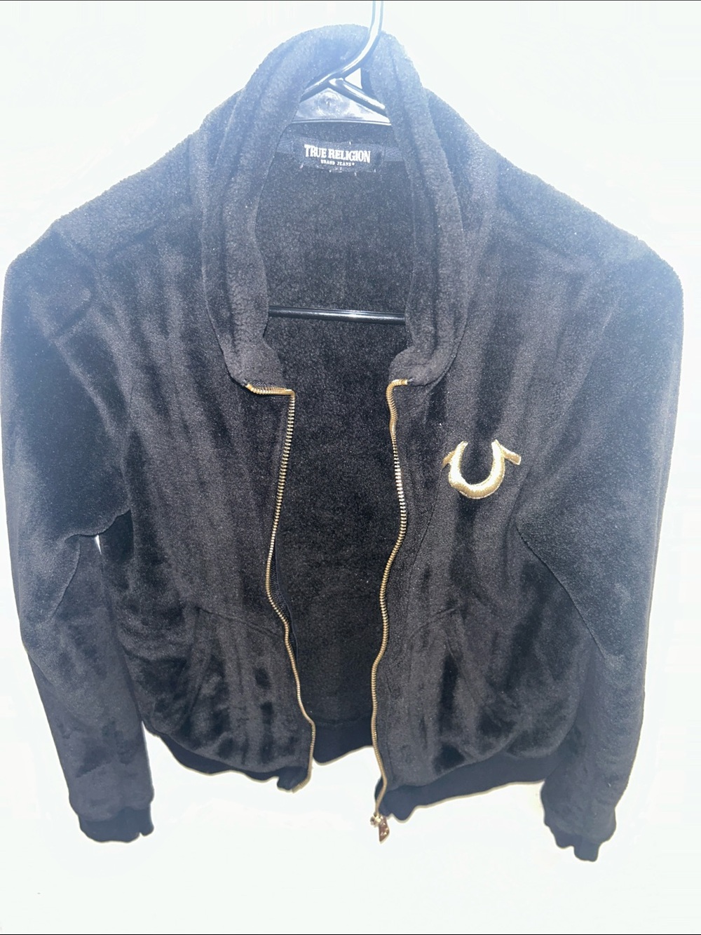 True Religion Black Plush Zip Jacket with Gold Logo
